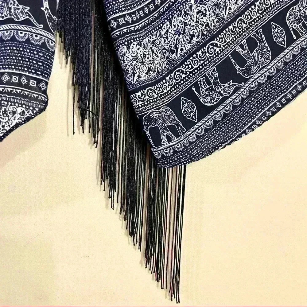 See You Monday Fringed Bell Sleeve Elephant Safari Boho Crop Back Split Top (M) - Picture 14 of 15